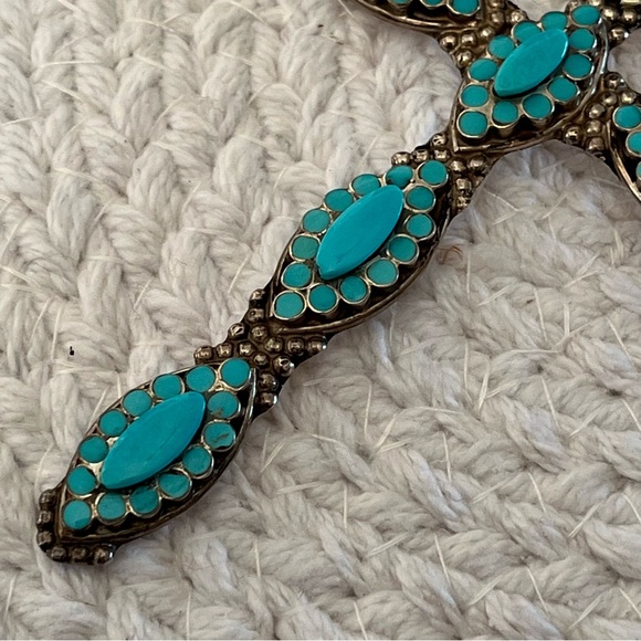 Large N Dishta Zuni Turquoise Cross Pendant Sterling Silver Inlay Navajo NM Vtg - Picture 4 of 15